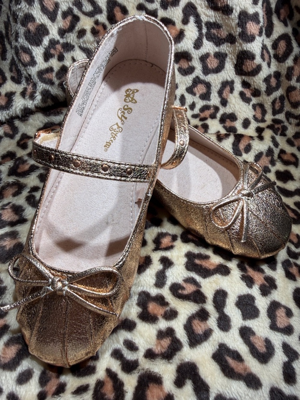 Self Esteem Girls Metallic Rose Gold Mary Jane Ballet Flats with Bow